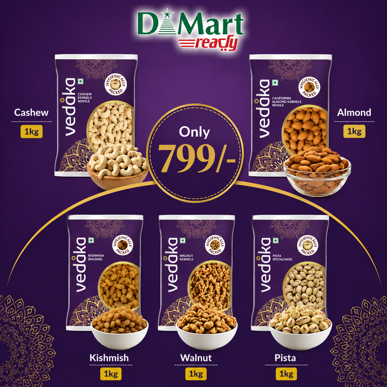 Almonds 1kg | Kismish 1kg | Cashew 1kg | Walnut 1kg | Pista 1kg