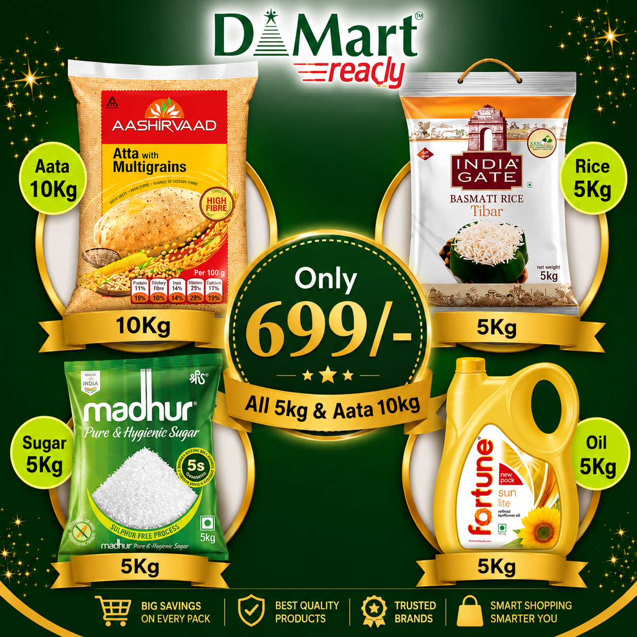 Aata 10kg | Madhur Sugar 5kg | Fortune Sunflower Oil 5L | India Gate Basmati Rice 5kg